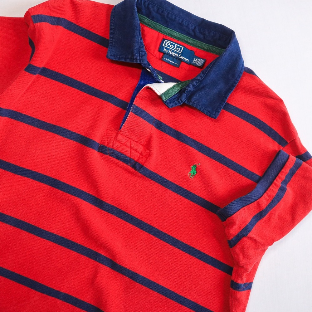 Polo Ralph Lauren Custom Fit Rugby Polo Shirt Men XXL Red Navy Stripe Green Pony - Picture 2 of 8